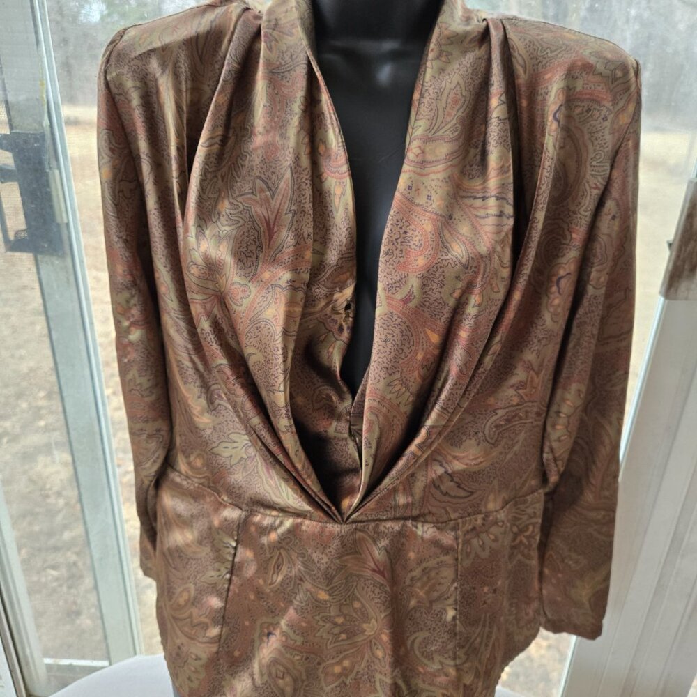 Vintage 1980s Sonya Ratay for San Andre Sz 10 Brown Paisley Blouse Satin